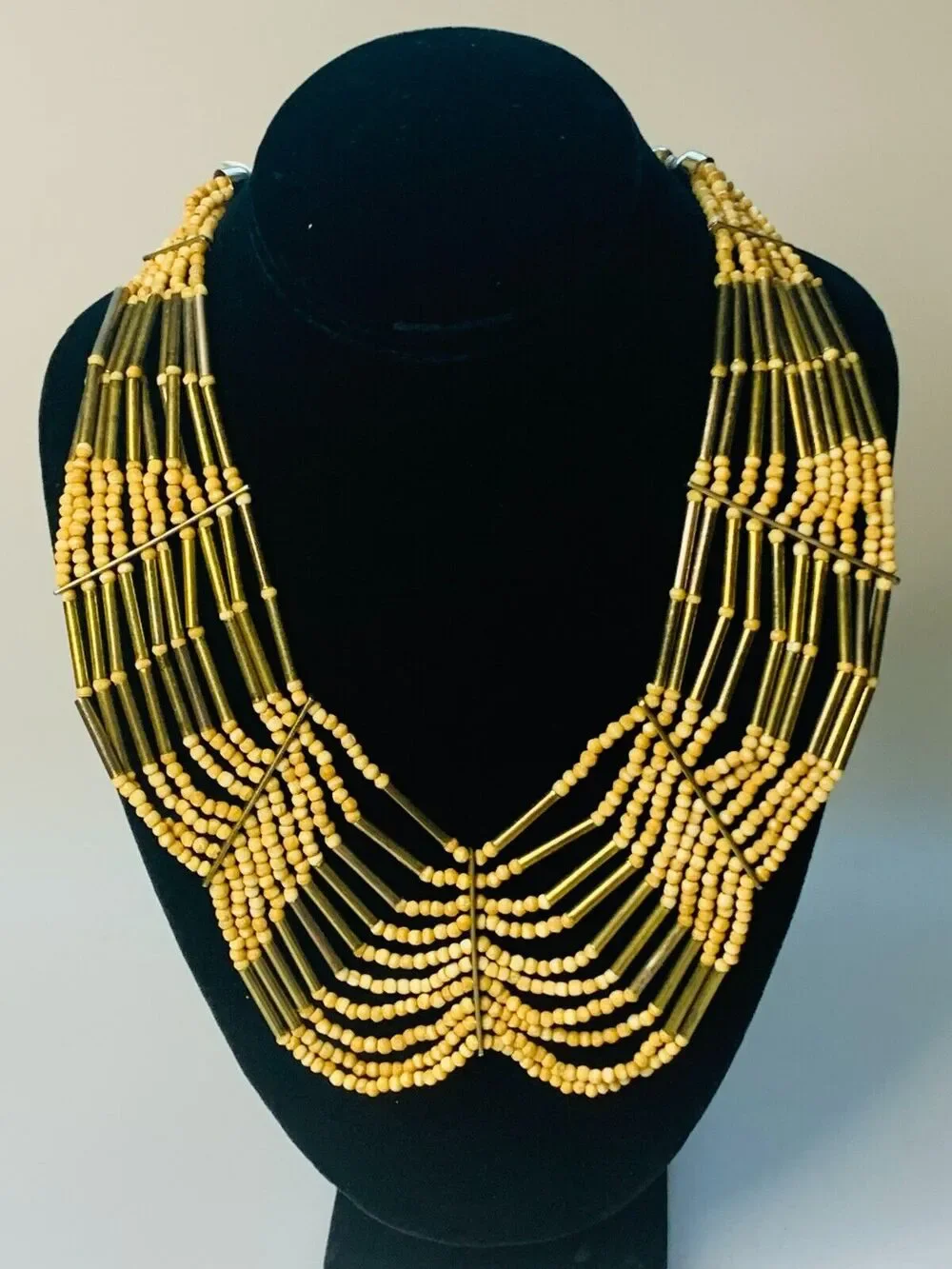 Brushed Gold Tone & Wooden Beads Draping Necklace, 18 Length
